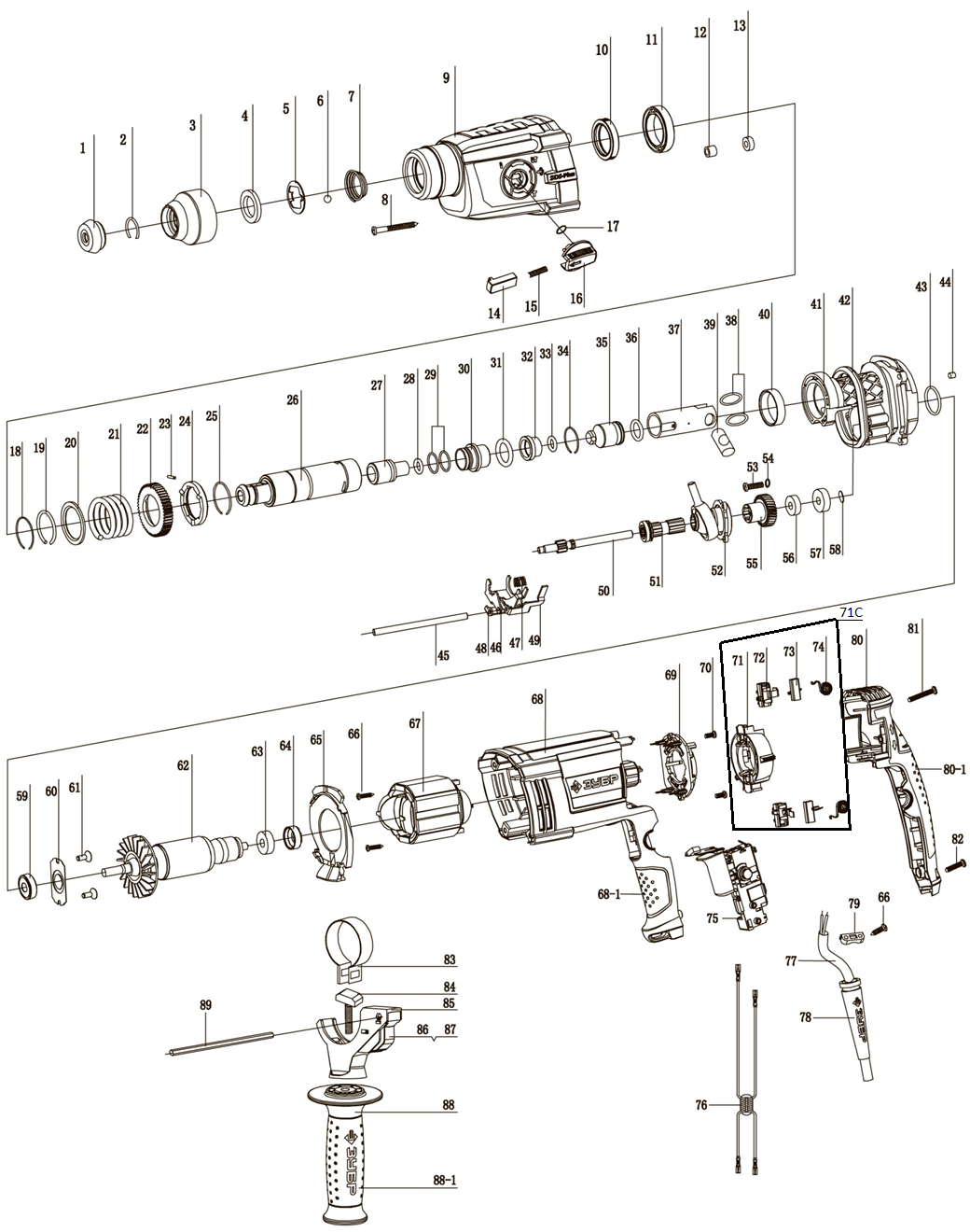 ЗУБР 30 мм, 900 Вт, перфоратор SDS Plus, Профессионал (ЗП-30-900 К) - разборная схема